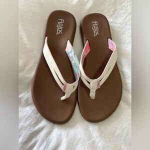 Flojos | Women’s SZ 10 | Flip Flops White And Floral Brown Sandals EUC
